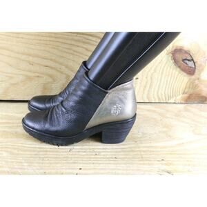 Fly London Boots 6.5 Black Leather Gold Bronze Colorblock Ankle 10 Bootie Shoes